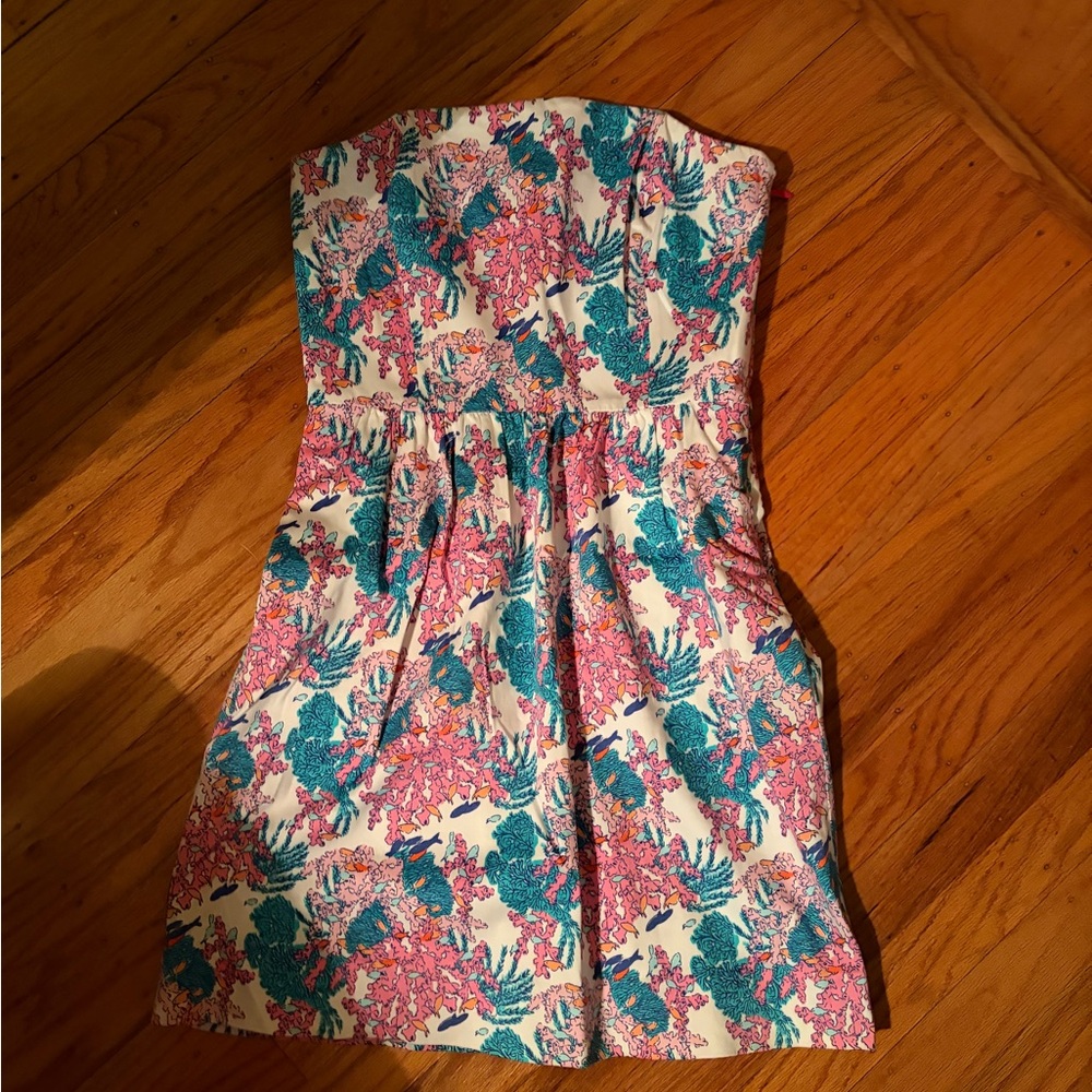 Vineyard Vines Strapless Floral Dress - Pink & Teal on Cream